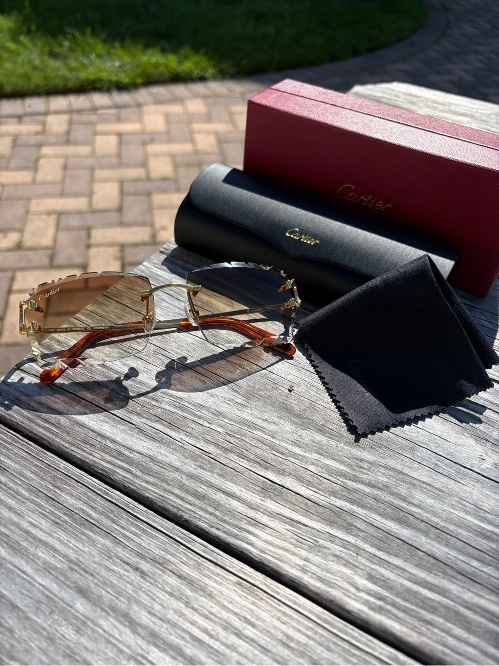 Cartier Men's Rimless Sunglasses with Gold Frame and Brown Lenses